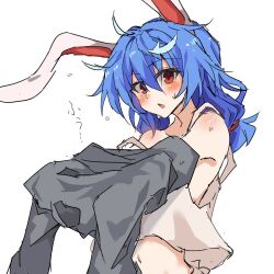Rule 34 | 1girl, animal ears, blue hair, blush, commentary request, looking at viewer, medium hair, messy hair, mifutatsu, open mouth, rabbit ears, rabbit girl, red eyes, seiran (touhou), simple background, solo, touhou, upper body, white background