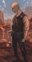 Rule 34 | 1boy, absurdres, ammunition pouch, bandaged arm, bandaged head, bandages, black pants, boots, brown footwear, bulletproof vest, canyon, cliff, cloud, cloudy sky, collared shirt, denim, fallout (series), fallout new vegas, from side, grass, gun, handgun, highres, holding, holding gun, holding weapon, joshua graham, looking to the side, male focus, motsu pot, pants, pouch, rock, shirt, sky, solo, swat, weapon