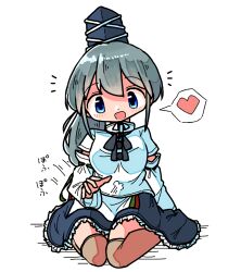 Rule 34 | 1girl, black bow, blue eyes, blue skirt, blush, bow, breasts, detached sleeves, dot nose, green ribbon, grey hair, hat, heart, japanese clothes, kasuya baian, lap pillow, long hair, medium breasts, mononobe no futo, open mouth, ponytail, red ribbon, ribbon, ribbon-trimmed sleeves, ribbon trim, shirt, simple background, sitting, skirt, solo, speech bubble, spoken heart, tate eboshi, thighhighs, touhou, translation request, wariza, white background, white shirt, wide sleeves