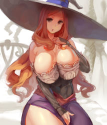 Rule 34 | 1girl, :o, ass, breasts, brown eyes, brown hair, dragon&#039;s crown, hat, huge breasts, kazo (kazozakazo), long hair, looking at viewer, looking back, lying, open mouth, robe, sitting, solo, sorceress (dragon&#039;s crown), witch, witch hat