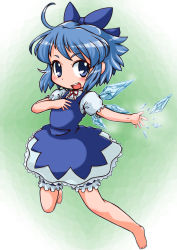 Rule 34 | 1girl, barefoot, bloomers, blue dress, blue eyes, blue hair, blue skirt, bow, cirno, dress, hair bow, highres, ice, looking at viewer, matching hair/eyes, open mouth, puffy sleeves, shirt, short hair, short sleeves, skirt, smile, solo, tachikawa, touhou, underwear, wings
