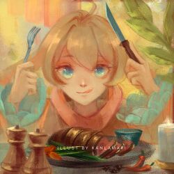 Rule 34 | 1girl, :q, ahoge, animal ears, black shirt, black sleeves, blonde hair, blue eyes, candle, chili pepper, closed mouth, commentary, english commentary, eyelashes, fire, floppy ears, food, frilled sleeves, frills, highres, indoors, kanlamari, long sleeves, looking at food, original, pepper shaker, pink scarf, plant, plate, potted plant, rabbit ears, salt shaker, scarf, shirt, short hair, smile, solo, steak, tongue, tongue out, upper body