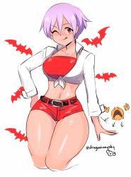 Rule 34 | 1girl, collarbone, d-ryuu, emoji, licking lips, lilith aensland, navel, one eye closed, pink hair, shirt, short hair, shorts, solo, strapless, thigh gap, tied shirt, tongue, tongue out, tube top, vampire (game), white background