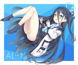 Rule 34 | 1girl, :d, aqua necktie, aris (blue archive), black footwear, black hair, black hairband, black skirt, blue archive, blue eyes, blush, coat, commentary request, full body, hair between eyes, hairband, handheld game console, legs, long hair, long hair between eyes, long sleeves, looking at viewer, necktie, nintendo switch, no shoes, one side up, open clothes, open coat, open mouth, panties, shirt, skirt, smile, socks, solo, underwear, very long hair, video game, white panties, white shirt, yamasan