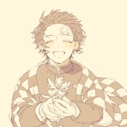 Rule 34 | 1boy, ^ ^, blush, checkered clothes, closed eyes, demon slayer uniform, earrings, facing viewer, flower, giving, haori, happy, holding, holding flower, incoming gift, japanese clothes, jewelry, kamado tanjirou, kimetsu no yaiba, laughing, long sleeves, male focus, monochrome, open mouth, outstretched arms, own hands together, reaching, reaching towards viewer, scar, scar on face, scar on forehead, shiki 2589, short hair, simple background, solo, wide sleeves