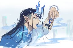 Rule 34 | 2boys, arm up, artist name, black hair, blue background, blue eyes, blue horns, blue nails, blue scales, blue tongue, changpao, chinese clothes, colored tongue, commentary request, dragon horns, earrings, fangs, fingernails, flavedochen, full body, giant, highres, horns, jewelry, licking, long hair, long tongue, looking at another, male focus, mandarin collar, multiple boys, open mouth, original, pointy ears, sharp fingernails, tongue, undercut, upper body