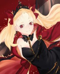 Rule 34 | 1girl, absurdres, blonde hair, blush, bow, cloak, dress, earrings, ereshkigal (fate), fate/grand order, fate (series), hair bow, highres, hoop earrings, jewelry, parted bangs, red cloak, red eyes, red ribbon, ribbon, skull ornament, smile, solo, tiara, tricheska, two side up