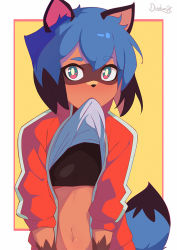 Rule 34 | 1girl, animal ears, black hair, blue hair, blush, body fur, brand new animal, clothes in mouth, clothes lift, commentary, darahan, dark-skinned female, dark skin, flat chest, furry, furry female, furry male, jacket, kagemori michiru, lifted by self, long sleeves, looking at viewer, male focus, mouth hold, multicolored background, multicolored hair, navel, open clothes, pink hair, raccoon ears, raccoon girl, raccoon tail, red jacket, shirt in mouth, shirt lift, short hair, solo, sports bra, stomach, tail, thick eyebrows, track jacket, upper body, white background, yellow background