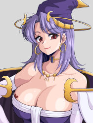 Rule 34 | 1girl, bare shoulders, breasts, celine jules, choker, cleavage, closed mouth, collarbone, earrings, elbow gloves, facial mark, forehead mark, gem, gloves, hat, highres, jewelry, large breasts, long hair, looking at viewer, pointy hat, purple hair, simple background, smile, solo, star ocean, star ocean the second story, tatehiza makura