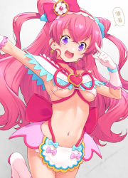 Rule 34 | 1girl, :d, bikini, bow, breasts, choker, cure precious, delicious party precure, earrings, gloves, hair bow, hairband, highres, jewelry, kazuma muramasa, looking at viewer, magical girl, micro bikini, nagomi yui, navel, open mouth, pink bow, pink choker, pink gloves, pink hair, precure, purple eyes, revealing clothes, skirt, smile, solo, speech bubble, swimsuit, two side up, underboob, wavy hair