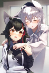 Rule 34 | 2girls, ahoge, animal ear fluff, animal ears, beret, black choker, black hair, black headwear, blurry, blurry background, blush, braid, choker, closed eyes, commentary request, couch, earrings, fox ears, fox girl, hair between eyes, hair ornament, hairclip, hat, highres, holding, hololive, indoors, jewelry, long hair, looking at another, multicolored hair, multiple girls, ookami mio, open mouth, red hair, shirai yu, shirakami fubuki, shirakami fubuki (street), shirt, sidelocks, single braid, sitting, streaked hair, virtual youtuber, white hair, white shirt, yellow eyes