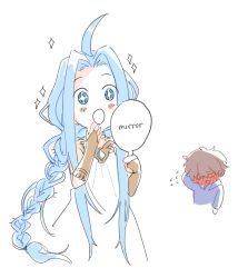 Rule 34 | 1boy, 1girl, ahoge, bare shoulders, blush, blush stickers, braid, brown hair, dress, closed eyes, flying sweatdrops, gran (granblue fantasy), granblue fantasy, hand mirror, highres, holding, holding mirror, kkaags, long hair, lyria (granblue fantasy), mirror, open mouth, ponytail, scratching head, shy, smile, sparkle, surprised, sweat, sweatdrop, very long hair, white dress, wide-eyed