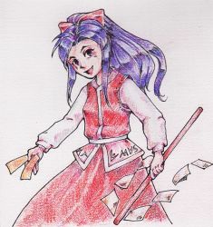 Rule 34 | 1girl, bow, breasts, colorized, gohei, hair bow, hakurei reimu, hakurei reimu (pc-98), highly responsive to prayers, japanese clothes, lionrion, long sleeves, looking at viewer, miko, open mouth, purple hair, solo, touhou, touhou (pc-98), traditional