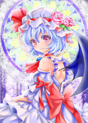 Rule 34 | 1girl, arm ribbon, ascot, backless outfit, bad id, bad pixiv id, bat wings, blue hair, bow, brooch, detached sleeves, dress, flower, hat, hat flower, hat ribbon, jewelry, lakestep55, looking at viewer, looking back, mob cap, pink eyes, pink flower, pink rose, portrait, puffy sleeves, remilia scarlet, ribbon, rose, sash, short sleeves, smile, solo, touhou, white dress, wings
