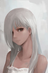 Rule 34 | 1girl, bare shoulders, closed mouth, commentary, dress, english commentary, grey background, grey eyes, grey hair, hair over one eye, looking at viewer, oopartz yang, original, solo, upper body, white dress