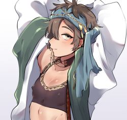 Rule 34 | 1boy, arms up, brown eyes, brown hair, chain, earrings, eiden (nu carnival), gold chain, hands up, headband, highres, jacket, jewelry, looking at viewer, male focus, messy hair, midriff, nipple erection, nipple visible through shirt, niwa (niwa827), nu carnival, smile, tank top, upper body, white background, white jacket