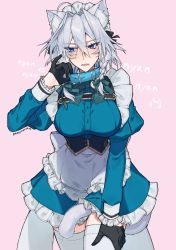 Rule 34 | 1girl, absurdres, ahoge, animal ears, blue eyes, bow, bowtie, braid, breasts, cat ears, cat girl, cat tail, collar, commentary request, cowboy shot, fang, gloves, hair between eyes, hair bow, highres, himadera, izayoi sakuya, long sleeves, maid, maid headdress, open mouth, pink background, simple background, skin fang, solo, tail, teeth, thighhighs, tongue, touhou, twin braids, twitter username, watermark, zettai ryouiki