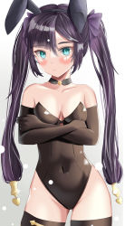 Rule 34 | 1girl, absurdres, alternate costume, animal ears, aqua eyes, bare shoulders, blush, bow, bowtie, breasts, cleavage, collarbone, covered navel, cowboy shot, crossed arms, detached collar, dokimaru, embarrassed, fake animal ears, genshin impact, glint, gradient background, grey background, hair bow, highres, leotard, light particles, long hair, looking at viewer, medium breasts, mona (genshin impact), playboy bunny, purple bow, purple hair, rabbit ears, solo, strapless, strapless leotard, thighlet, thighs, twintails, white background