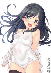 Rule 34 | 1girl, :d, aqua eyes, arms behind back, asashio (kancolle), black hair, black thighhighs, blue eyes, blush, breasts, collarbone, covered navel, cowboy shot, ebifurya, floating hair, highres, jacket, kantai collection, long hair, one-piece swimsuit, open mouth, round teeth, school swimsuit, shirt, simple background, sleeves past wrists, small breasts, smile, solo, swimsuit, teeth, thighhighs, twitter username, white background, white jacket, white school swimsuit, white shirt, white one-piece swimsuit