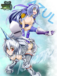Rule 34 | 2girls, armor, armored boots, azure (armor), bent over, blue eyes, blue hair, boots, breasts, bunny hop, capcom, cleavage, downblouse, fur trim, grin, hanging breasts, highres, horns, huge breasts, jumping, kirin (armor), knee boots, large breasts, looking at viewer, monster hunter, monster hunter (series), monster hunter frontier, multiple girls, mun, open mouth, red eyes, silver hair, single horn, smile, spread legs, teeth, thighhighs, tsurime
