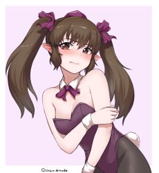 Rule 34 | 1girl, alternate costume, bare shoulders, black pantyhose, blush, breasts, brown hair, cleavage, closed mouth, detached collar, disco brando, embarrassed, hair between eyes, hat, highres, himekaidou hatate, leotard, lips, long hair, looking at viewer, medium breasts, pantyhose, playboy bunny, pointy ears, purple background, purple hat, purple leotard, purple ribbon, rabbit tail, ribbon, simple background, solo, tail, tokin hat, touhou, twintails, upper body, wrist cuffs