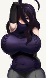 Rule 34 | 1girl, ahoge, aran sweater, arm up, armpits, bare shoulders, breasts, cable knit, covered navel, hair between eyes, highres, huge breasts, long hair, messy hair, noblood (ryandomonica), parted lips, plump, presenting armpit, purple eyes, purple hair, solo, sweater, tagme, thick thighs, thighs, white background