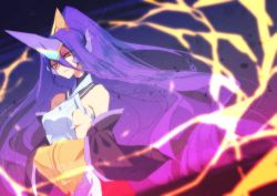 Rule 34 | 1girl, bare shoulders, blazblue, blazblue: central fiction, breasts, closed mouth, detached sleeves, electricity, from side, hades izanami, hands in opposite sleeves, headgear, horns, long hair, long sleeves, looking at viewer, mikado (blazblue), oota minoru, purple hair, red eyes, sideboob, single horn, slit pupils, small breasts, smile, solo, tabard, upper body, very long hair, wide sleeves