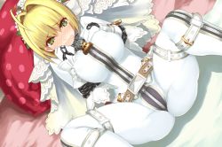 Rule 34 | 10s, 1girl, ahoge, bdsm, bed, blonde hair, blush, bodysuit, bondage, bound, breasts, chain, dh ead, fate/extra, fate/extra ccc, fate (series), full-length zipper, green eyes, hair intakes, lock, nero claudius (bride) (fate), nero claudius (fate), nero claudius (fate) (all), open mouth, padlock, pillow, skin tight, solo, spread legs, tears, veil, zipper