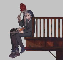 Rule 34 | 1boy, 1girl, :t, absurdres, alternate hairstyle, alternate size, bag, black jacket, black necktie, black pants, blue footwear, bread, chopsticks, collared shirt, covered eyes, cross-laced footwear, dorohedoro, eating, food, foot dangle, formal, from side, grey background, grey hair, hand up, height difference, highres, holding, holding chopsticks, jacket, jewelry, ki (mxxxx), long sleeves, lunchbox, mask, mask lift, mask on head, necktie, noi (dorohedoro), pants, profile, railing, red eyes, ring, rust, shin (dorohedoro), shirt, shoes, short hair, simple background, sitting, sneakers, stitched fingers, stitched hand, suit, white footwear, white shirt