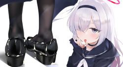 Rule 34 | 1girl, black choker, black footwear, black hairband, black jacket, black pantyhose, blue archive, blue sailor collar, blush, bow, braid, choker, closed mouth, cum, cum in footwear, cum on body, cum on clothes, cum on feet, cum on hands, feet only, footwear focus, grey eyes, hair bow, hair over one eye, hairband, halo, hand up, highres, jacket, licking, licking cum, loafers, long hair, looking at viewer, multiple views, neckerchief, one eye covered, pantyhose, parted bangs, pink halo, plana (blue archive), purple hair, sailor collar, school uniform, serafuku, shadow, shoes, simple background, tongue, tongue out, upper body, variant set, white background, white bow, white neckerchief, ykt scl