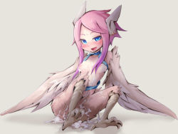 Rule 34 | 1girl, blue eyes, blush, breasts, bukkake, camel (dansen), cum, cum on body, cum on breasts, cum on upper body, d-gate, dgallon, earrings, feathered wings, feathers, gradient hair, grey background, harpy, reina (mon-musu quest!), jewelry, looking at viewer, medium breasts, mon-musu quest!, monster girl, multicolored hair, neck ring, nipples, non-web source, pink hair, purple hair, shadow, sidelocks, simple background, solo, source request, talons, topless, winged arms, wings