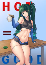 1girl absurdres black_gloves blunt_bangs breasts closed_mouth cowboy_shot fingerless_gloves gloves green_eyes green_hair highres long_hair looking_at_viewer navel nicchi qingyi_(zenless_zone_zero) sidelocks sitting small_breasts solo stomach table thighs twintails zenless_zone_zero