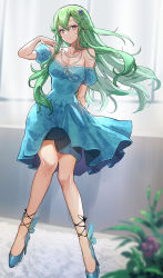 Rule 34 | 1girl, ankle strap, arm behind back, bare legs, bare shoulders, blue dress, blue footwear, blurry, blurry foreground, breasts, chibi vanille, cleavage, closed mouth, collarbone, commentary, curtains, dress, eiyuu densetsu, falcom, floral print, forehead, frilled dress, frills, full body, green hair, hair between eyes, hair ornament, hair over shoulder, hand up, high heels, highres, jewelry, knees together feet apart, long hair, looking at viewer, medium breasts, musse egret, necklace, off-shoulder dress, off shoulder, plant, purple eyes, sen no kiseki, shaded face, shadow, sitting, smile, solo, wavy hair
