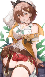 Rule 34 | 1girl, :d, arm up, atelier (series), atelier ryza, bare shoulders, belt, belt pouch, beret, black ribbon, black thighhighs, blush, braid, breasts, brown eyes, brown hair, cleavage, cowboy shot, detached sleeves, earrings, hair ornament, hat, hat ribbon, highres, jewelry, key, large breasts, looking at viewer, necklace, open clothes, open mouth, open vest, orange vest, pouch, red shorts, reisalin stout, ribbon, shirt, short hair, short shorts, shorts, signature, single detached sleeve, single thighhigh, skindentation, smile, solo, sorotu, thigh strap, thighhighs, vest, white hat, white shirt