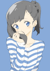Rule 34 | 1girl, absurdres, blue background, blue shirt, blunt bangs, brown hair, closed mouth, donguri suzume, hair ornament, hair scrunchie, highres, long sleeves, looking at viewer, one side up, original, scrunchie, shirt, short hair, simple background, solo, striped clothes, striped shirt, upper body