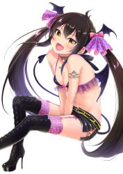 Rule 34 | 1girl, absurdres, bare shoulders, black hair, boots, breasts, collarbone, cross-laced footwear, demon wings, fangs, frills, garter belt, high heel boots, high heels, highres, idolmaster, idolmaster cinderella girls, lace-up boots, long hair, looking at viewer, matoba risa, medium breasts, navel, open mouth, platform boots, platform footwear, smile, stomach, thighhighs, thighs, twintails, very long hair, wings, yellow eyes, yuki sizuku