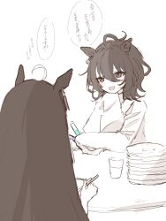 1_llill_i 2girls agnes_tachyon_(umamusume) ahoge animal_ears chemical_structure cup ear_tag earrings hair_between_eyes highres holding holding_test_tube horse_ears horse_girl huge_ahoge jewelry lab_coat long_hair long_sleeves looking_at_another manhattan_cafe_(umamusume) medium_hair multicolored_hair multiple_girls open_mouth plate sepia simple_background single_earring sleeves_past_fingers sleeves_past_wrists swimsuit test_tube translation_request umamusume very_long_hair white_background