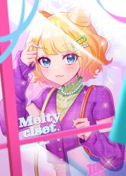 Rule 34 | 1girl, :3, adjusting hair, arm up, arm warmers, bag, bead necklace, beads, blonde hair, blue eyes, blunt bangs, cardigan, closed mouth, commentary request, double bun, green shirt, hair bun, hair ornament, hairclip, hand up, highres, holding strap, jewelry, looking at viewer, mendamen, minami mirei, nail polish, necklace, pretty series, pripara, purple cardigan, shirt, shopping bag, short hair, smile, solo, sparkle, upper body, window