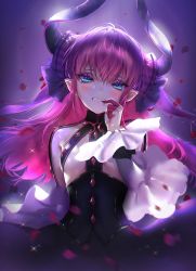 Rule 34 | 10s, 1girl, asymmetrical horns, blood, blood from mouth, blue eyes, blush, breasts, curled horns, detached sleeves, dragon girl, dragon horns, dragon tail, dress, elizabeth bathory (fate), elizabeth bathory (fate/extra ccc), elizabeth bathory (first ascension) (fate), fate/extra, fate/extra ccc, fate (series), finger cots, finger gloves, highres, horns, light particles, long hair, looking at viewer, petals, pink hair, pointy ears, ribbon, small breasts, solo, tail, two side up, uneven horns, zenke