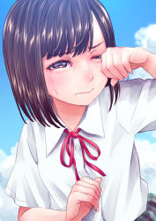 Rule 34 | 1girl, blue sky, blunt bangs, bob cut, brown eyes, brown hair, buttons, closed mouth, cloud, cloudy sky, collared shirt, commentary request, crying, day, fingernails, hand on own face, highres, looking at viewer, neck ribbon, one eye closed, original, ouhashi (yumenosukima), outdoors, pleated skirt, red ribbon, ribbon, school uniform, shirt, short hair, short sleeves, skirt, sky, solo, tears, white shirt, wiping tears