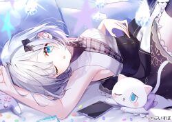 Rule 34 | 1girl, animal ears, aqua eyes, arm up, black skirt, black thighhighs, blush, candy, cat, cat ears, cat tail, collared shirt, commentary, controller, copyright name, cross hair ornament, food, game controller, grey hair, grey shirt, hair ornament, hair ribbon, hand on own hip, high-waist skirt, highres, jelly bean, kaga sumire, lace, lace-trimmed skirt, lace trim, lupinus virtual games, lying, misumi (macaroni), official art, on back, one eye closed, open mouth, pillow, pleated shirt, purple ribbon, ribbon, shirt, short hair, skindentation, skirt, sleeveless, sleeveless shirt, solo, sparkle, star (symbol), symbol-only commentary, tail, thighhighs, virtual youtuber, vspo!, water drop