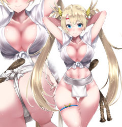 Rule 34 | &gt;:), 1girl, arms behind head, arms up, ass, ass focus, bare hips, blonde hair, blue eyes, blue sky, blush, bradamante (fate), breasts, cleavage, close-up, closed mouth, cloud, commentary request, day, dutch angle, fate/grand order, fate (series), from behind, fundoshi, groin, headband, highres, japanese clothes, large breasts, long hair, lower body, md5 mismatch, mizu happi, navel, outdoors, pelvic curtain, resolution mismatch, rope, shirt, short sleeves, sky, smile, smug, solo, source larger, sweat, tango (tn500), thigh gap, thigh strap, thighs, tied shirt, twintails, very long hair, waist down, wet, wide hips