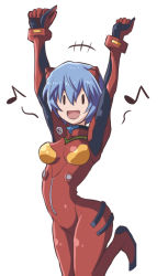 Rule 34 | 1girl, ayanami rei, blue hair, bodysuit, breasts, cosplay, curvy, fujitaka nasu, happy, interface headset, medium breasts, multicolored bodysuit, multicolored clothes, musical note, neon genesis evangelion, open mouth, out of character, pilot suit, plugsuit, red bodysuit, short hair, simple background, smile, solo, souryuu asuka langley, souryuu asuka langley (cosplay), white background