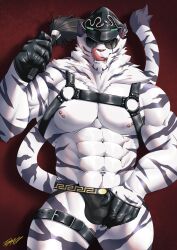 Rule 34 | 1boy, abs, absurdres, animal ears, bara, black gloves, black hat, bondage outfit, bulge, crotch grab, dislyte, dominator (bdsm), furry, furry male, gloves, hat, highres, holding, holding whip, jin qiu (ru shou) (dislyte), large pectorals, leg belt, licking lips, looking at viewer, male focus, mature male, muscular, muscular male, navel, navel hair, nipples, pectorals, police hat, solo, stomach, sunglasses, tail, tiger boy, tiger ears, tiger tail, tongue, tongue out, toraxd (consyn12216), white fur
