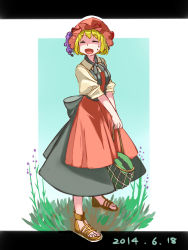 Rule 34 | 1girl, aki minoriko, anklet, apron, blonde hair, bow, closed eyes, dated, food, fruit, full body, grapes, hat, hat ornament, highres, holding, jewelry, leaf, letterboxed, long skirt, mob cap, namauni, net, plant, puffy short sleeves, puffy sleeves, sandals, shirt, short hair, short sleeves, simple background, skirt, smile, solo, standing, sweat, sweatdrop, touhou, waist apron, watermelon, yellow shirt