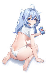 Rule 34 | 1girl, absurdres, ass, barefoot, blue eyes, blue hair, blush, breasts, butt crack, drinking straw, feet, highres, large breasts, long hair, looking at viewer, panties, soda, soles, toes, twintails, underboob, underwear