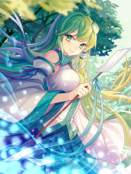 Rule 34 | 1girl, blue ribbon, blue skirt, blush, closed mouth, collared vest, commission, cowboy shot, detached sleeves, floating hair, frog hair ornament, gohei, green eyes, green hair, hair ornament, hair tubes, highres, holding, holding gohei, kochiya sanae, long hair, looking at viewer, mirror (xilu4), outdoors, pleated skirt, ribbon, skirt, sky, smile, snake hair ornament, solo, touhou, tree, very long hair, vest, white sleeves, white vest, wide sleeves