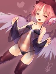 Rule 34 | 1girl, animal ears, ayagi daifuku, babydoll, bad id, bad twitter id, bare shoulders, bird wings, blush, bow, breath, brown thighhighs, chemise, dutch angle, fang, gradient background, hat, heart, inactive account, lingerie, looking at viewer, midriff, mystia lorelei, navel, open mouth, panties, pink eyes, pink hair, see-through, short hair, signature, smile, solo, thighhighs, touhou, underwear, wings