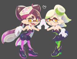 Rule 34 | 2girls, :d, :o, ankle boots, bare shoulders, black dress, black footwear, black jumpsuit, boots, bow-shaped hair, breasts, callie (splatoon), cleavage, cousins, cross-shaped pupils, detached collar, dress, earrings, fangs, full body, gloves, green pantyhose, grey background, heart, holding hands, inkling, jewelry, jumpsuit, leaning forward, legs apart, light green hair, long hair, marie (splatoon), medium breasts, mole, mole under eye, multicolored hair, multiple girls, nintendo, open mouth, pantyhose, pointy ears, purple hair, purple pantyhose, short eyebrows, short hair, short jumpsuit, simple background, smile, splatoon (series), splatoon 1, standing, strapless, strapless dress, strapless jumpsuit, suction cups, symbol-shaped pupils, teeth, tentacle hair, two-tone hair, ukata, very long hair, white gloves, white hair, yellow eyes
