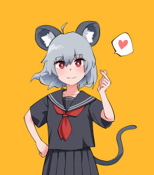 Rule 34 | 1girl, alternate costume, animal ears, black sailor collar, black serafuku, black shirt, black skirt, blush, closed mouth, commentary, cowboy shot, flat chest, grey hair, heart, highres, looking at viewer, mouse ears, mouse girl, mouse tail, nazrin, neckerchief, orange background, pleated skirt, red eyes, red neckerchief, sailor collar, school uniform, serafuku, shirt, short hair, short sleeves, simple background, skirt, smile, solo, spoken heart, tail, touhou, yan pai